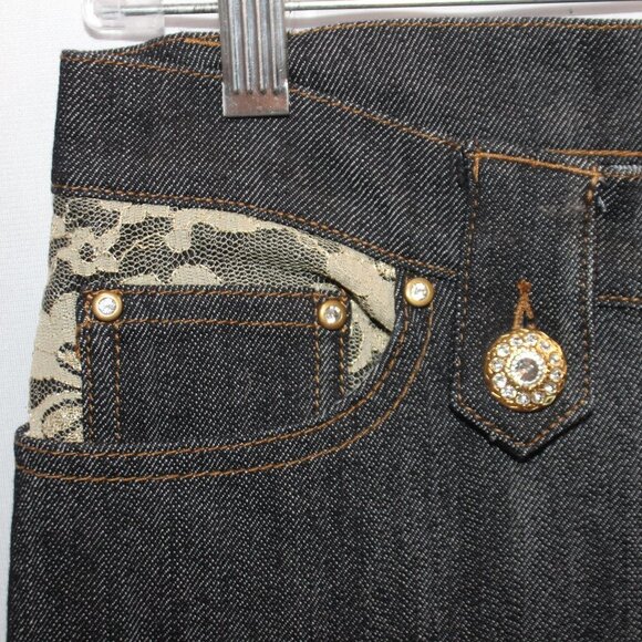V Cristina Black Jeans with Lace and Rhinestone Button Accents - Picture 6 of 12